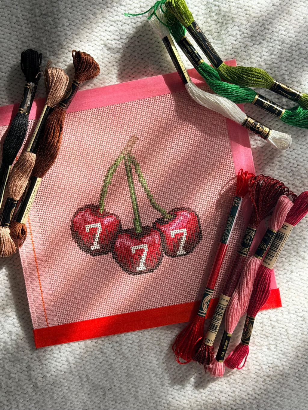 Lucky Cherries 777 HandPainted Needlepoint Canvas on pink 18 mesh - 5 Inch Design