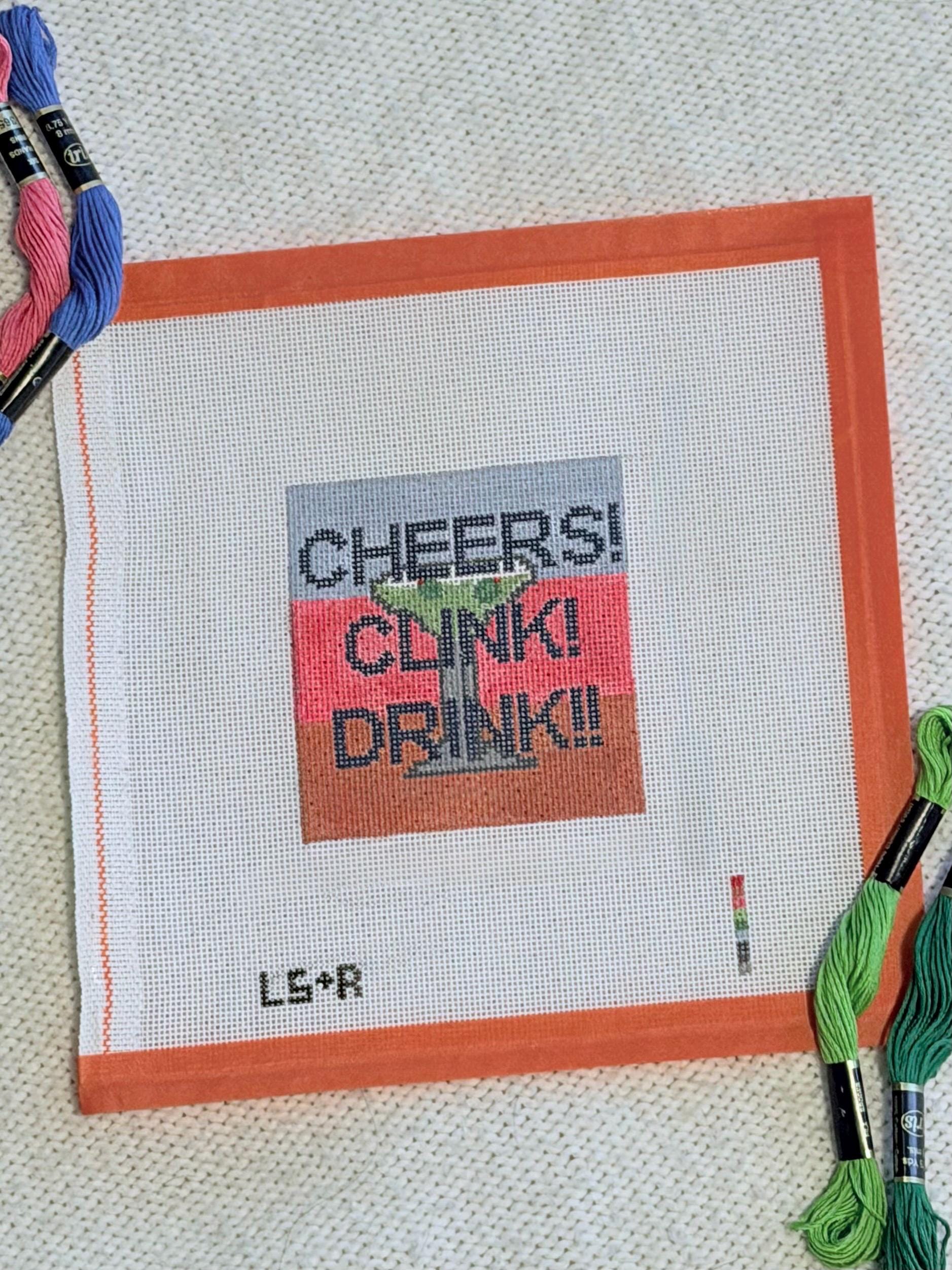 Cheers! Clink! Drink!! Martini Needlepoint Canvas // Martini 18 mesh hand painted 3.5 inch canvas