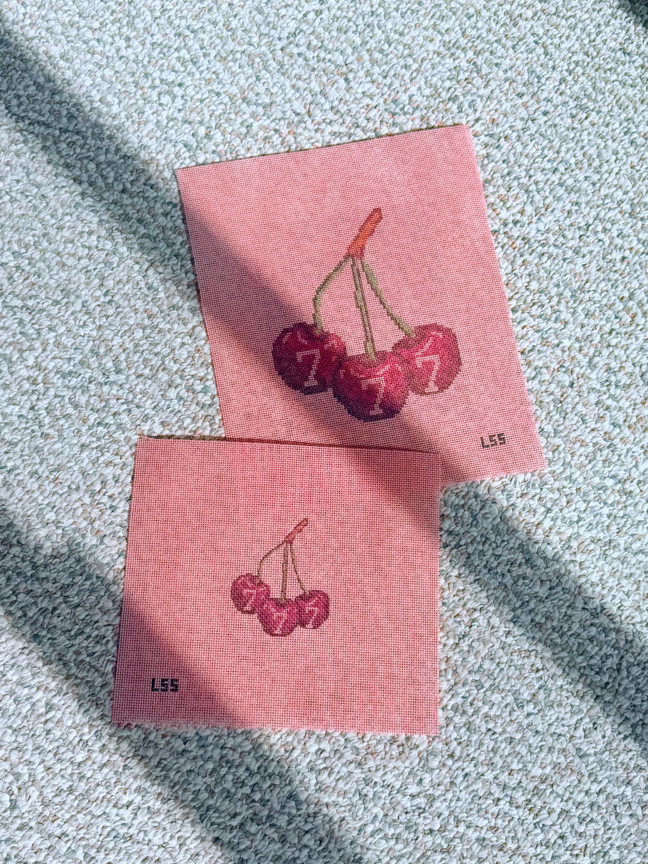 MINI Lucky Cherries 777 HandPainted Needlepoint Canvas on pink 18 mesh - 3 Inch Design