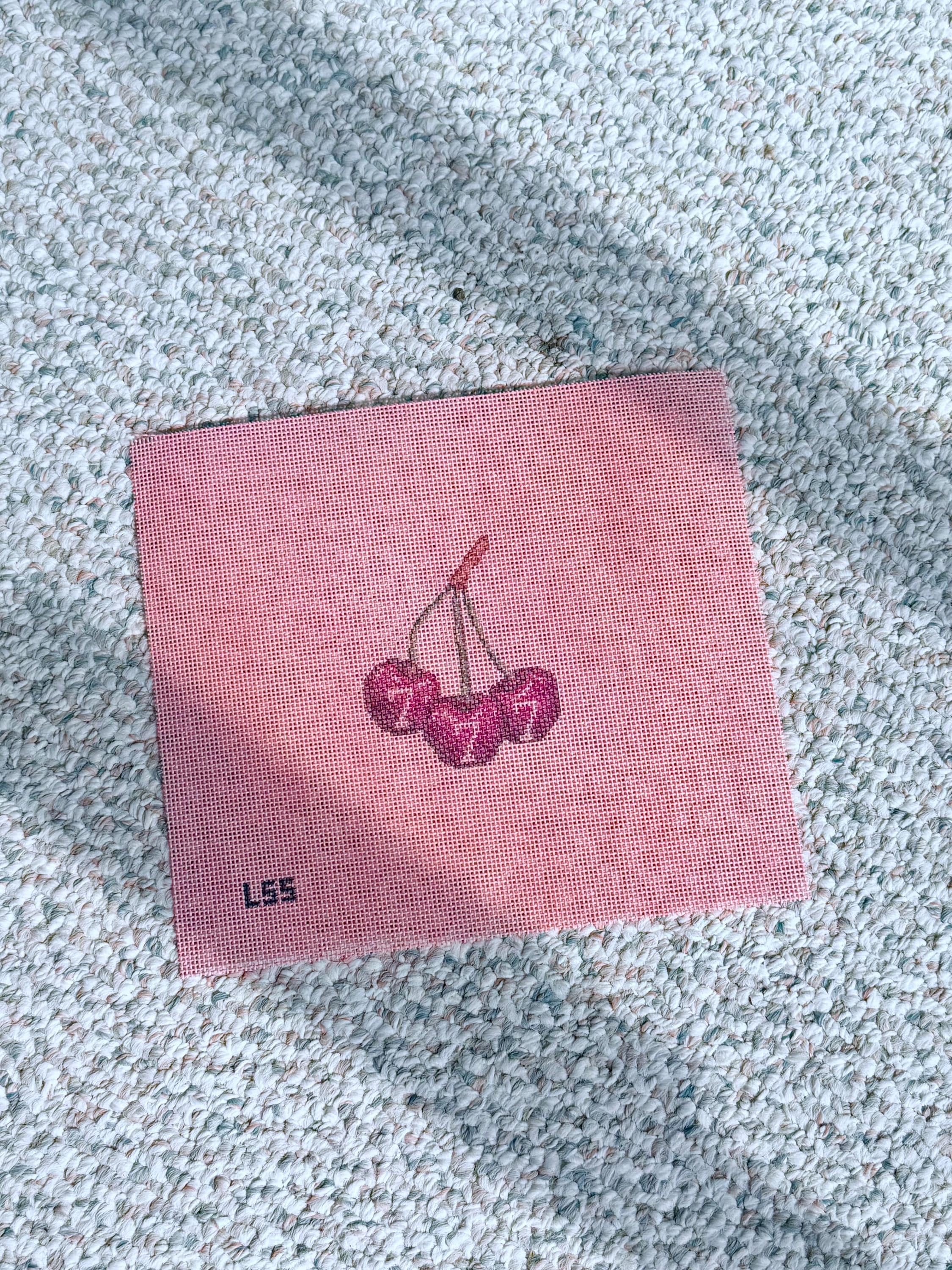 MINI Lucky Cherries 777 HandPainted Needlepoint Canvas on pink 18 mesh - 3 Inch Design