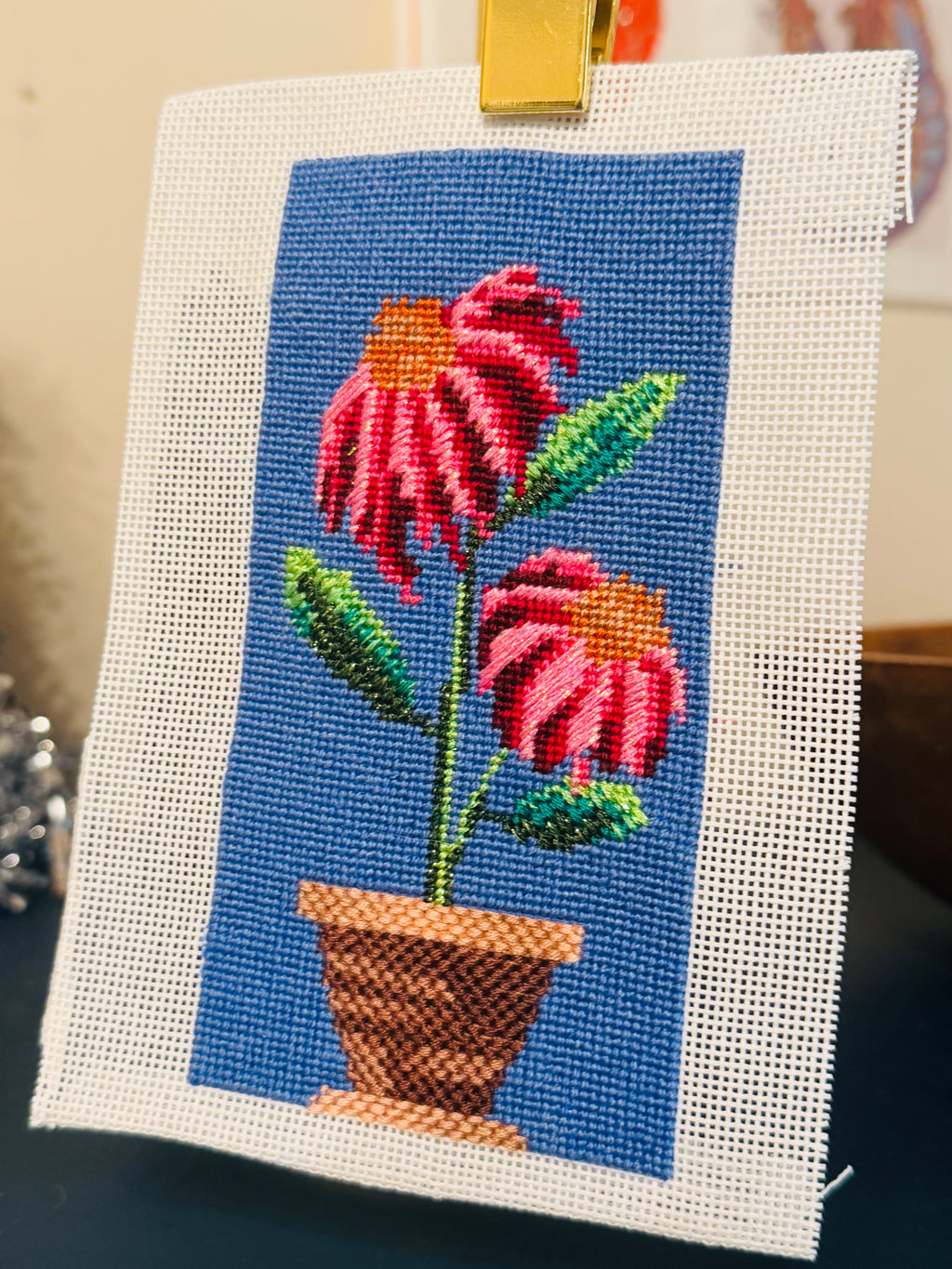 Pink and Purple Coneflower in a Terracotta Pot - Hand Painted 18 Mono Mesh Needlepoint Canvas