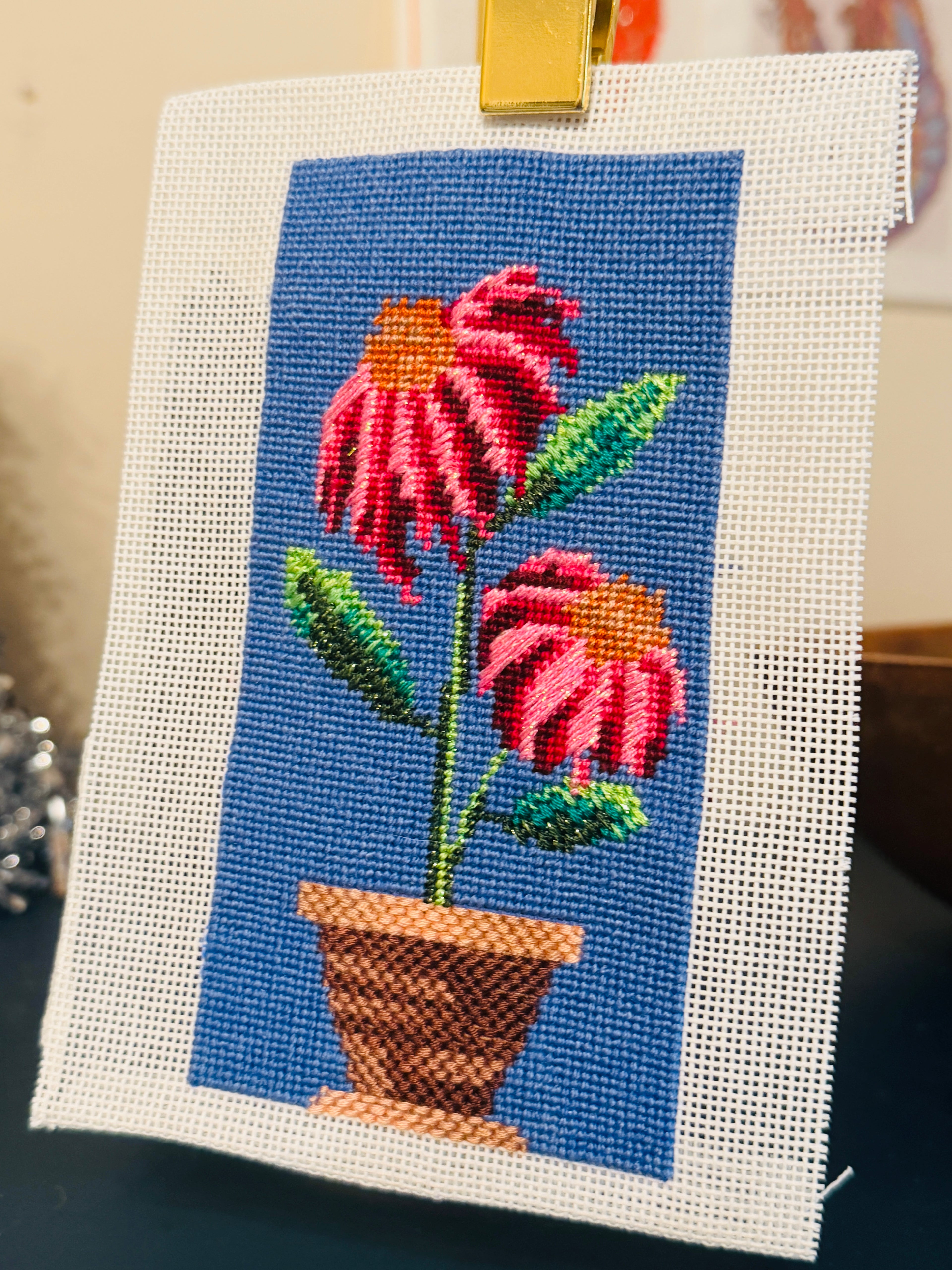 Pink and Purple Coneflower in a Terracotta Pot - Hand Painted 18 Mono Mesh Needlepoint Canvas