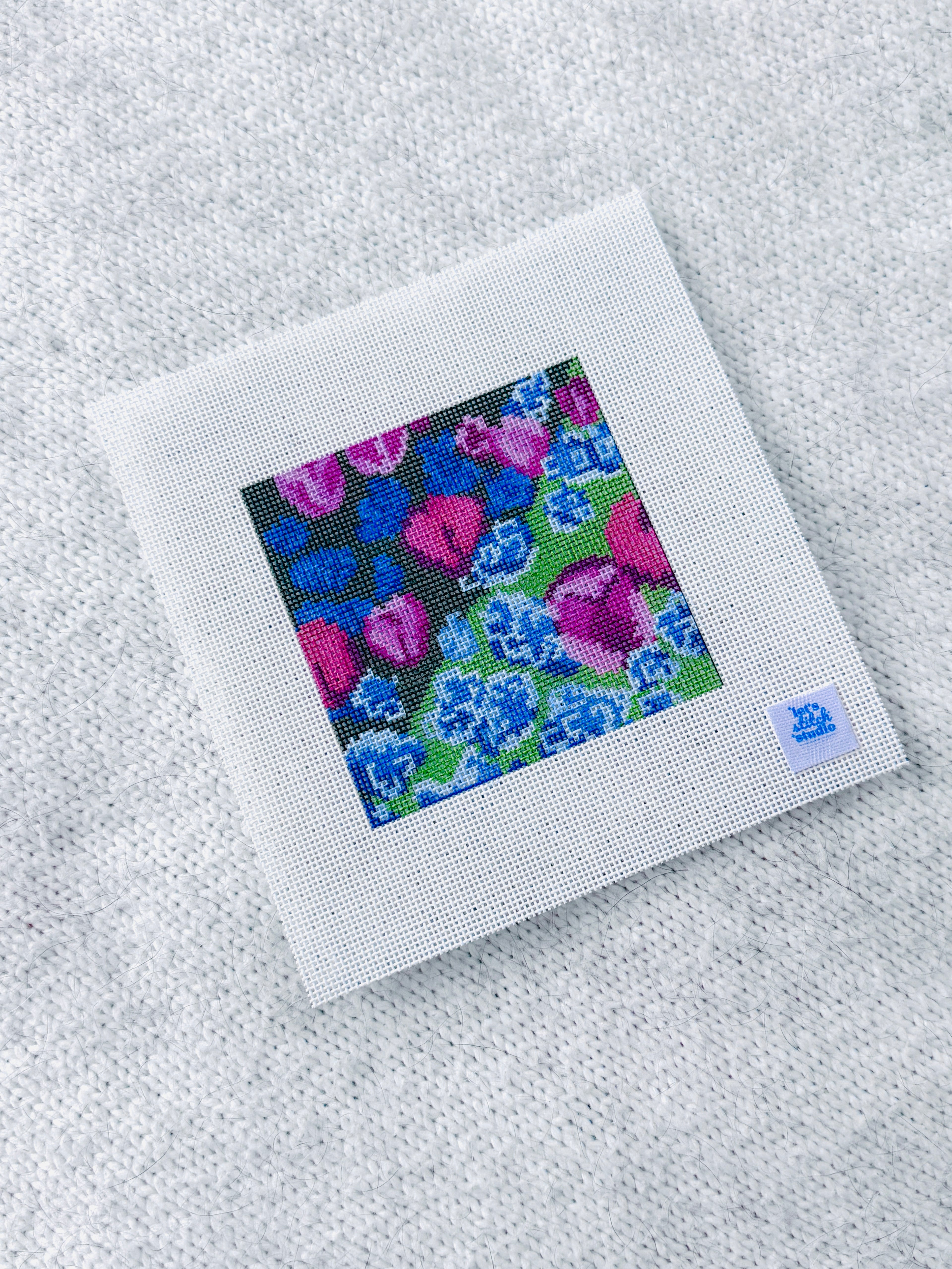 Blue Butterfly Bushes and Pink Tulip - Hand Painted 18 Mono Mesh Needlepoint Canvas