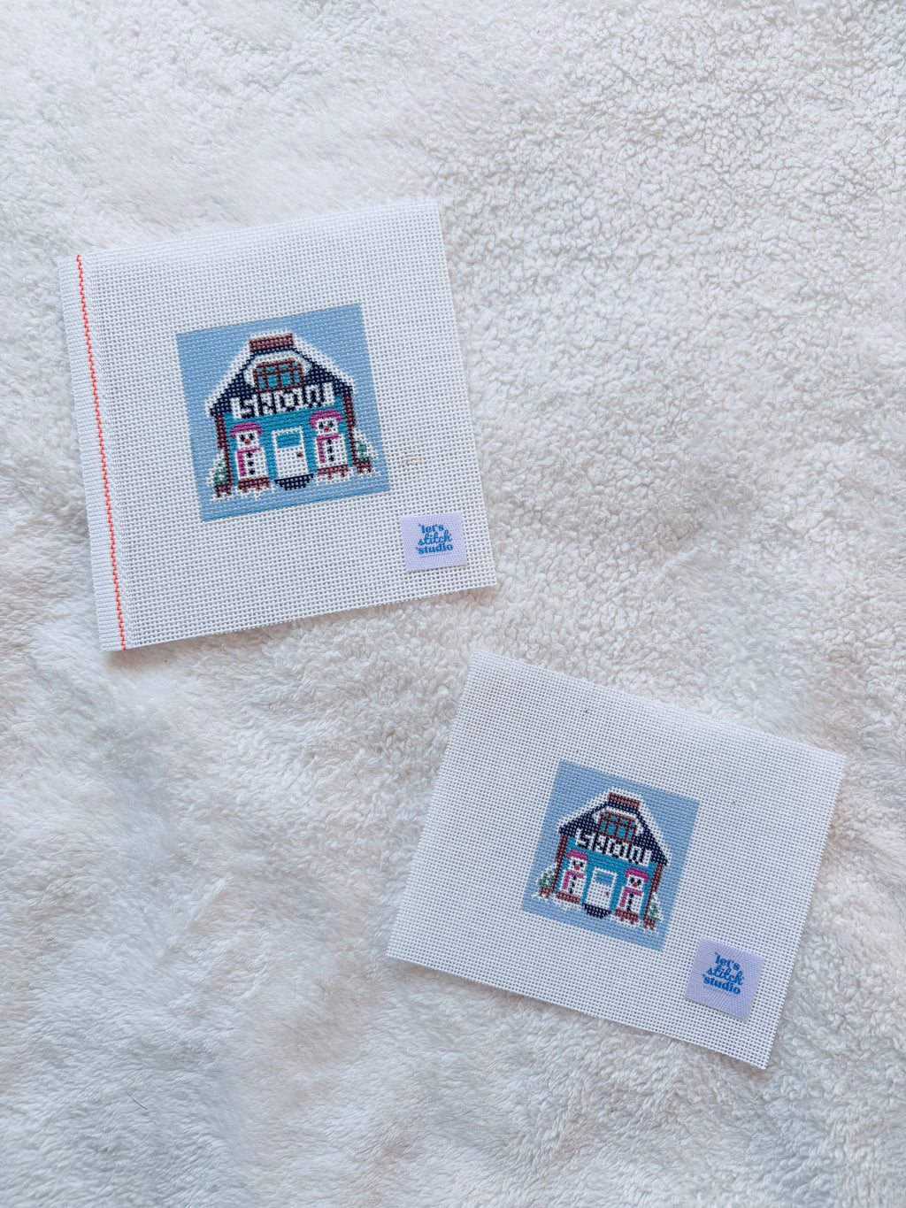 Snow Folk Mini Shop Hand Painted on 18 Mesh Mono Canvas