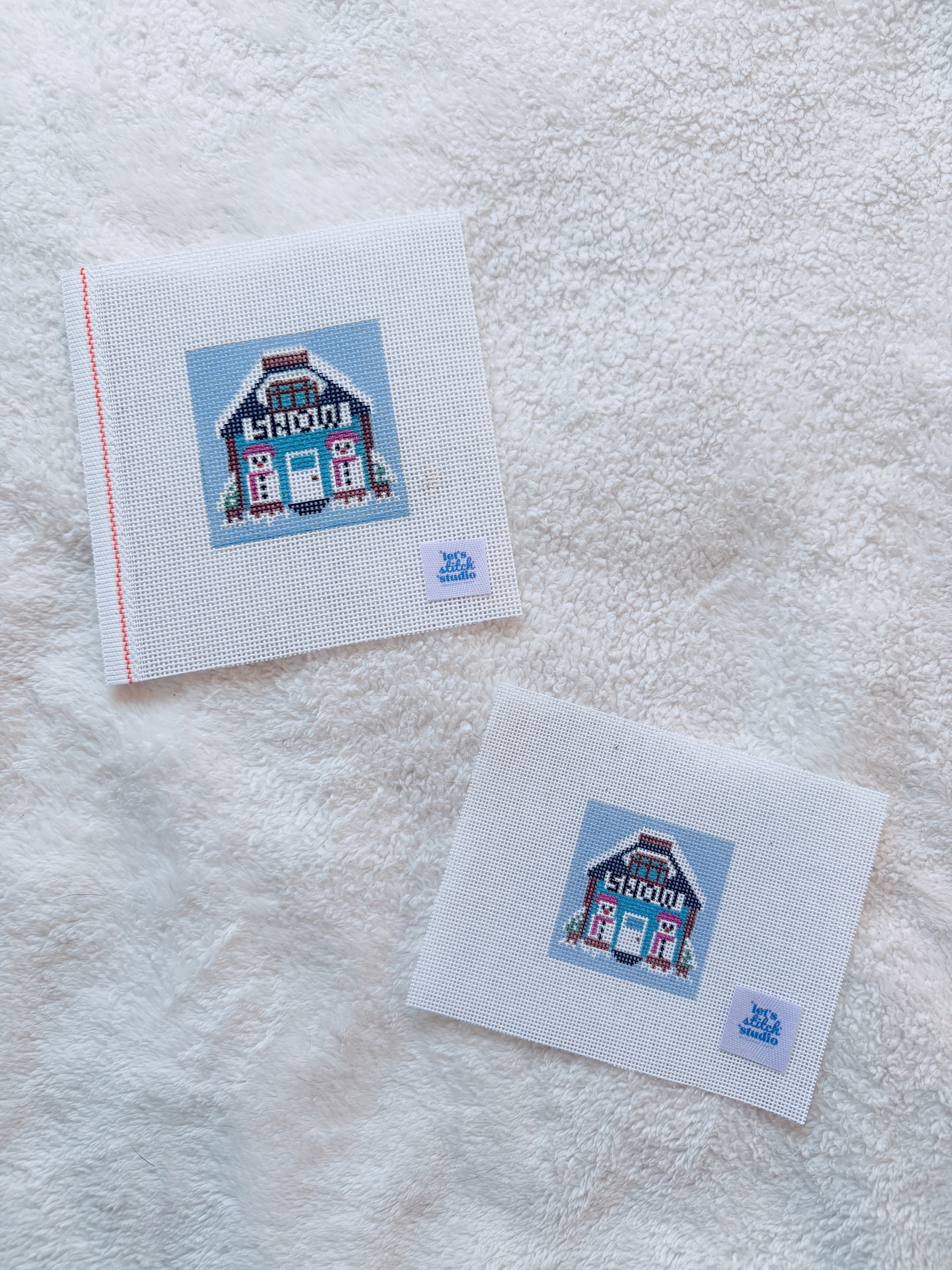Snow Folk Mini Shop Hand Painted on 18 Mesh Mono Canvas