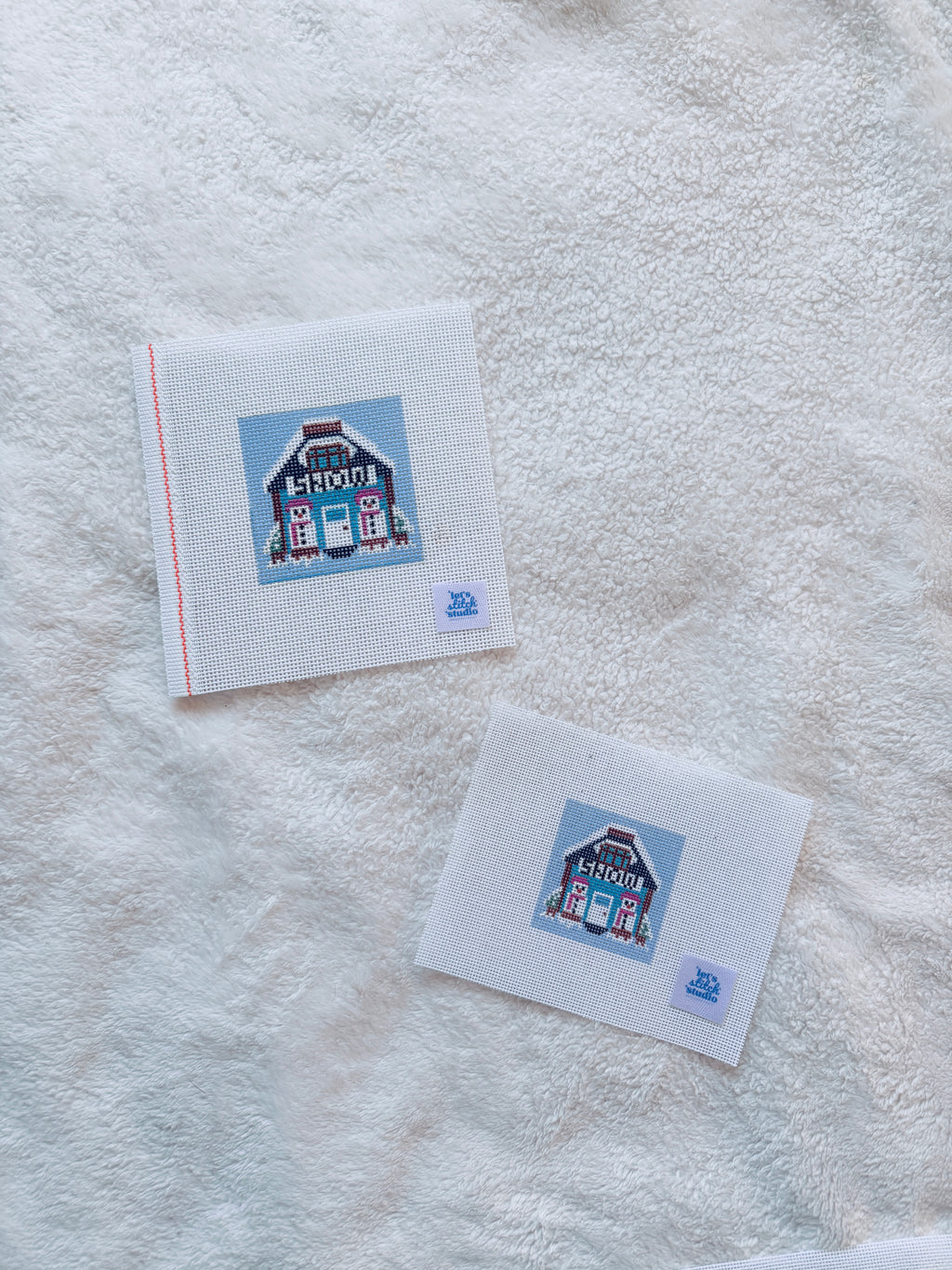 Snow Folk Mini Shop Hand Painted on 18 Mesh Mono Canvas
