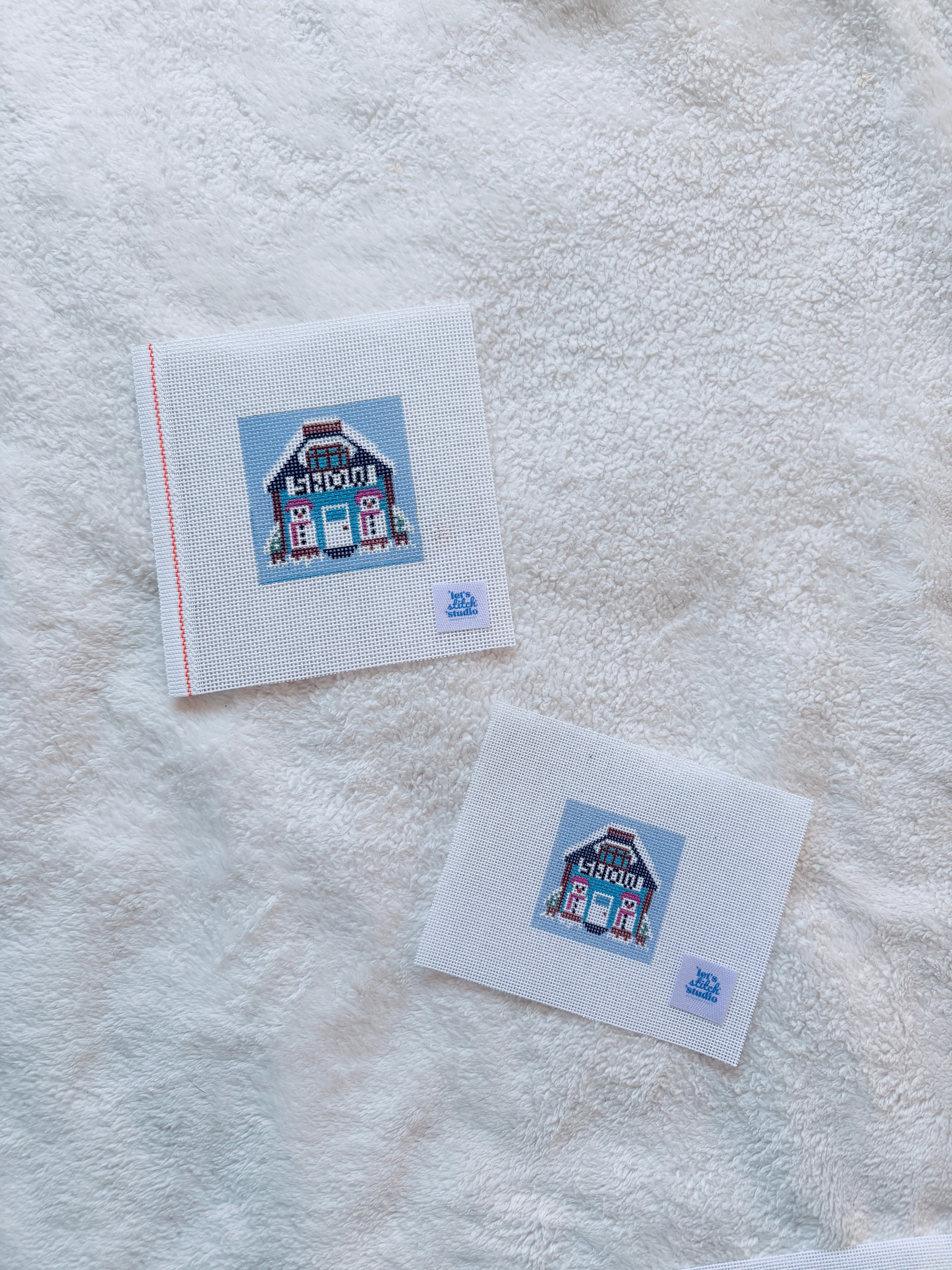 Snow Folk Mini Shop Hand Painted on 18 Mesh Mono Canvas