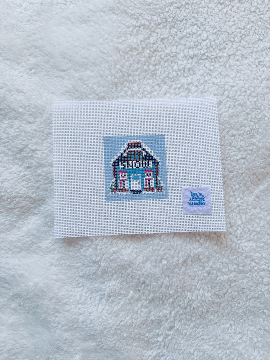 Snow Folk Mini Shop Hand Painted on 18 Mesh Mono Canvas
