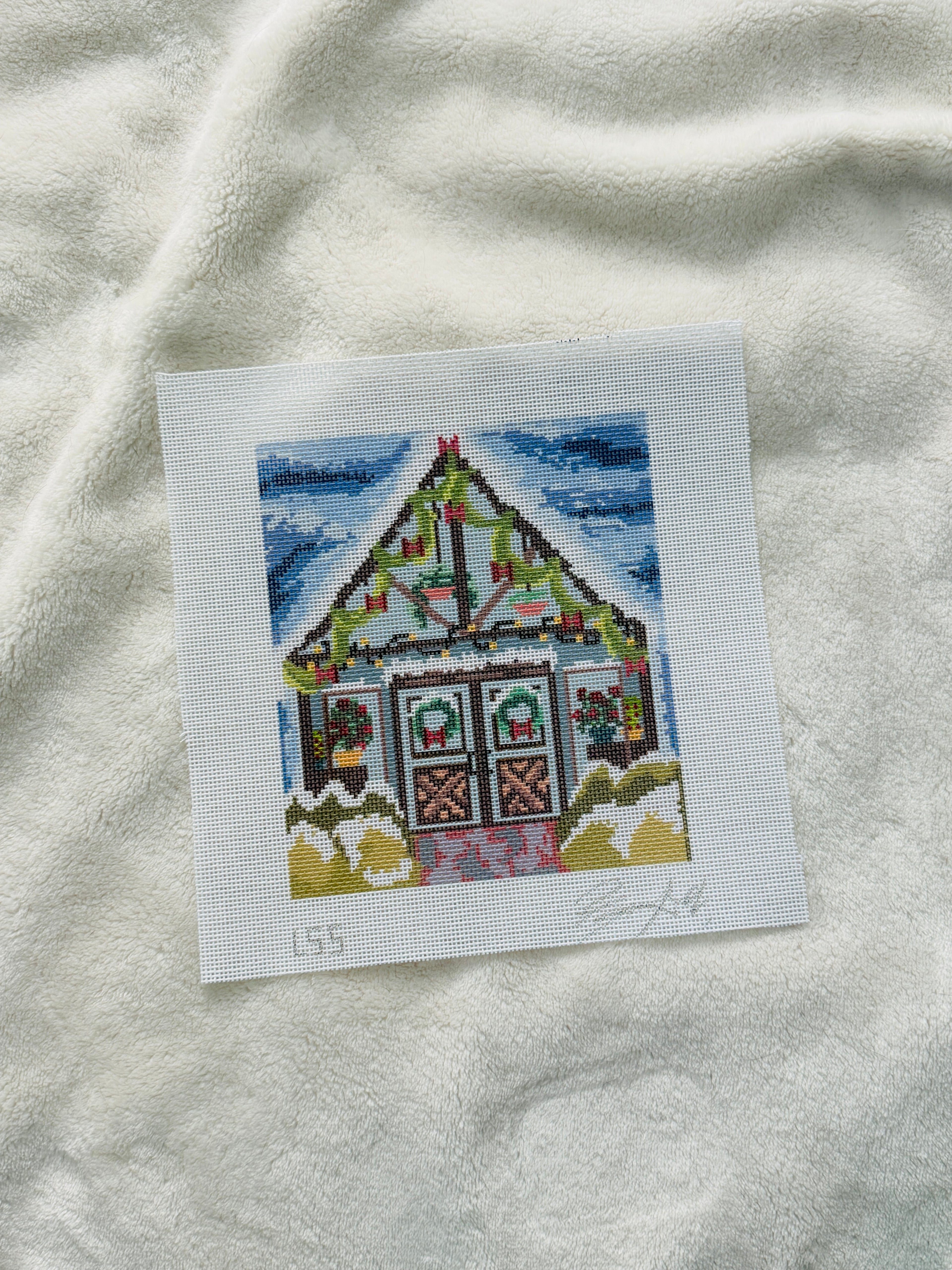 Snowy Greenhouse Hand Painted 18 Mesh Needlepoint Canvas
