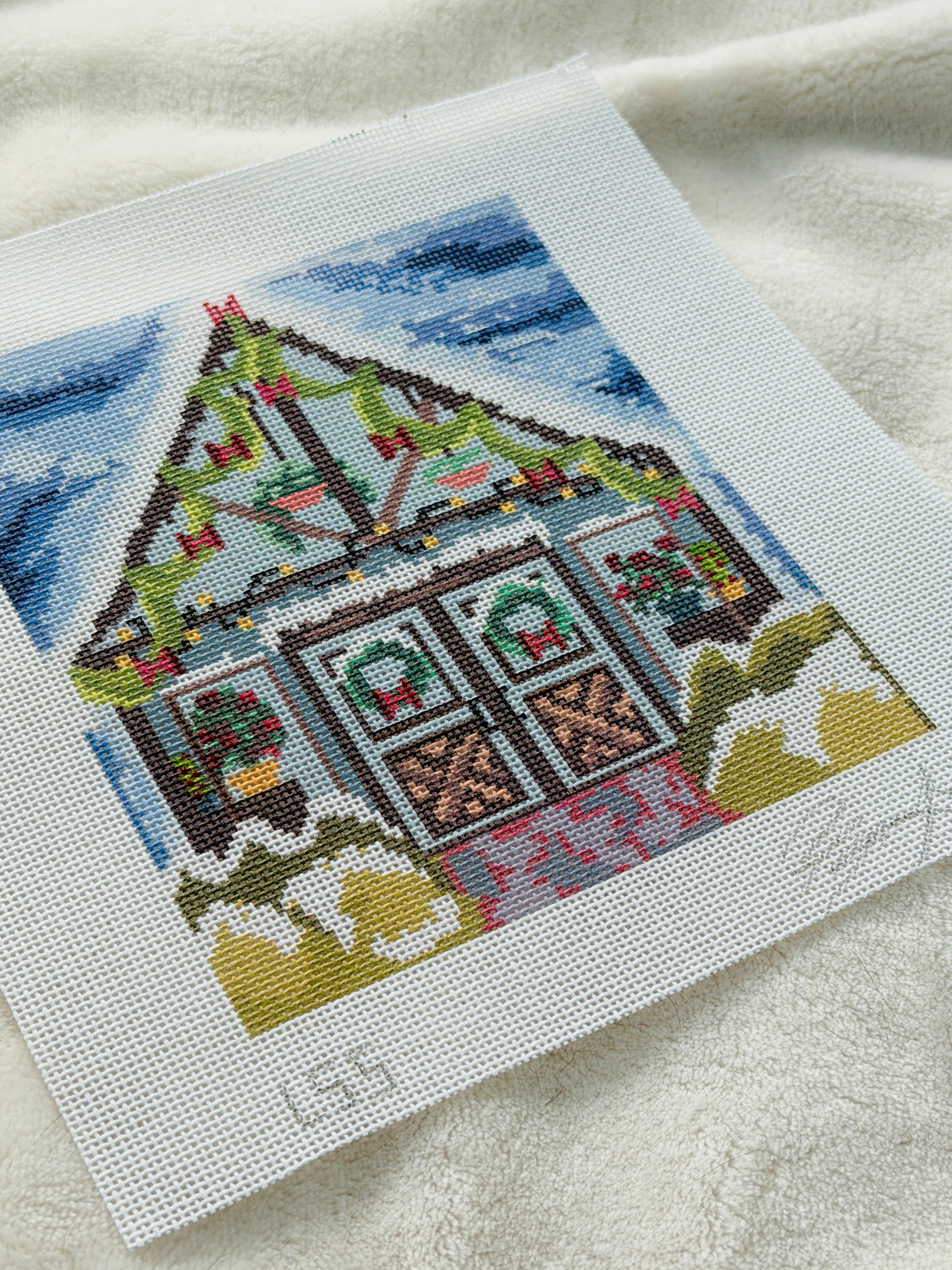 Snowy Greenhouse Hand Painted 18 Mesh Needlepoint Canvas